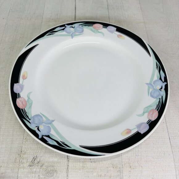 Excel CARAVEL Pink Purple Floral Iris Tulips Black Border Dinner Plates Set of 4 - Picture 4 of 16